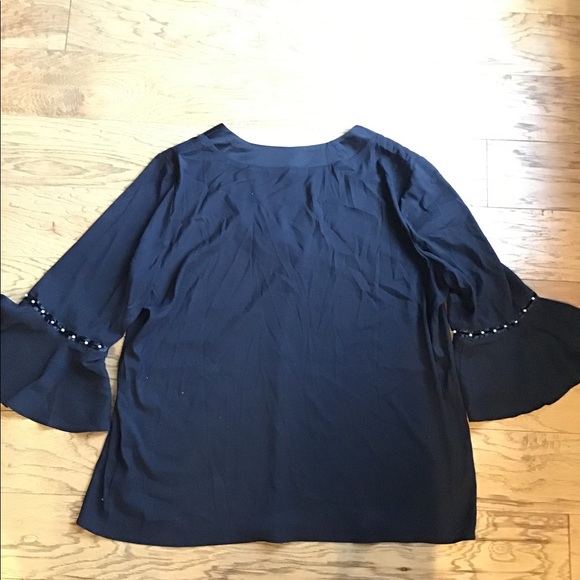 NWOT Black Silky V-neck Shirt with Pearls - Picture 3 of 4